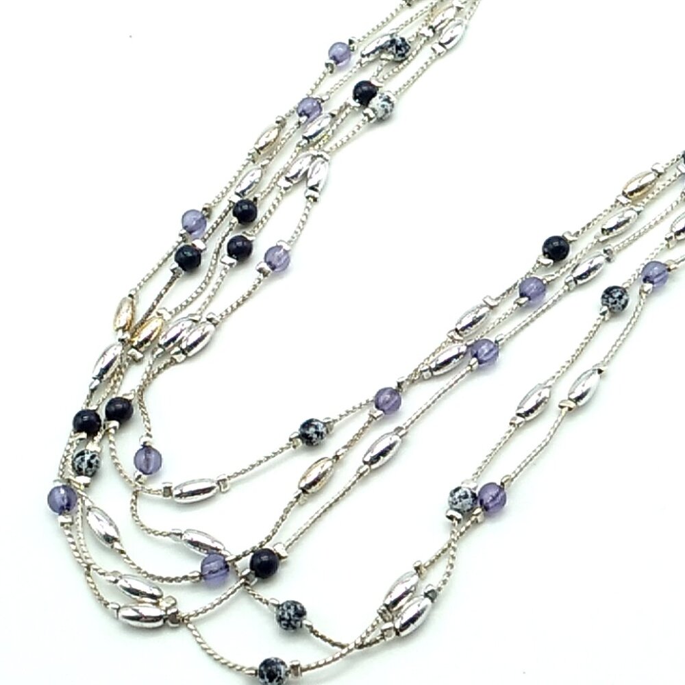 LIZ CLAIBORNE 5 Strand Necklace VNTG Silver-tone Blue, Deep Navy & Silver Bead